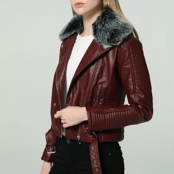 2019 Hot Women Winter Warm Faux Leather Jackets with Fur Collar Lady White Black Pink Wine Red Motorcycle Biker Outerwear Coats